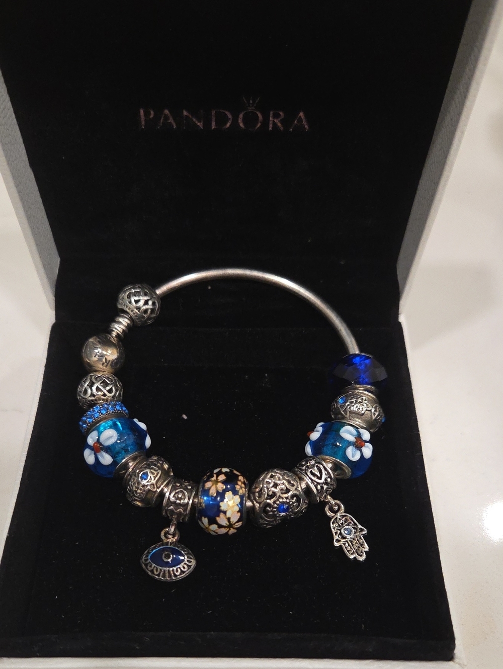 Pandora Blue Floral Murano Charm Bangle Bracelet